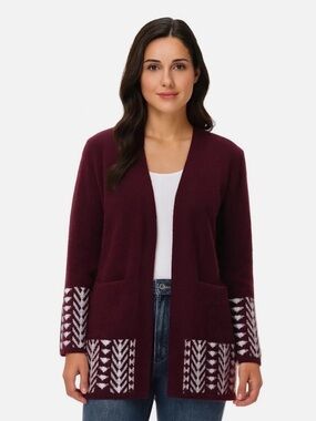 FRYE Burgundy Open Front Cardigan Sweater XS Boho Aztec Pocket Knit